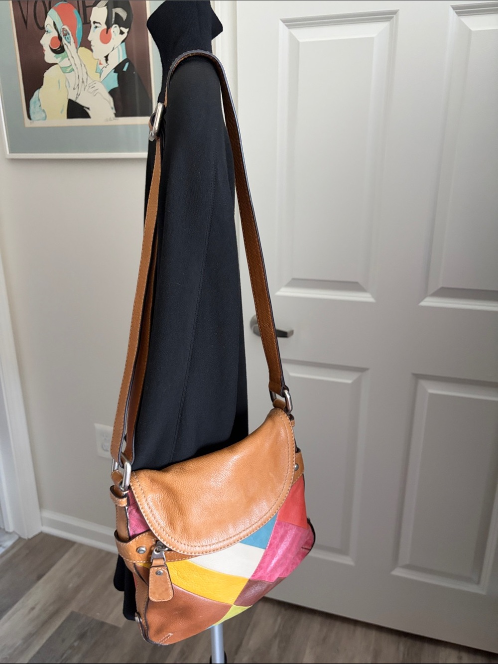 Fossil Patchwork Leather Shoulder Bag Multicolor Boho Hippie Purse